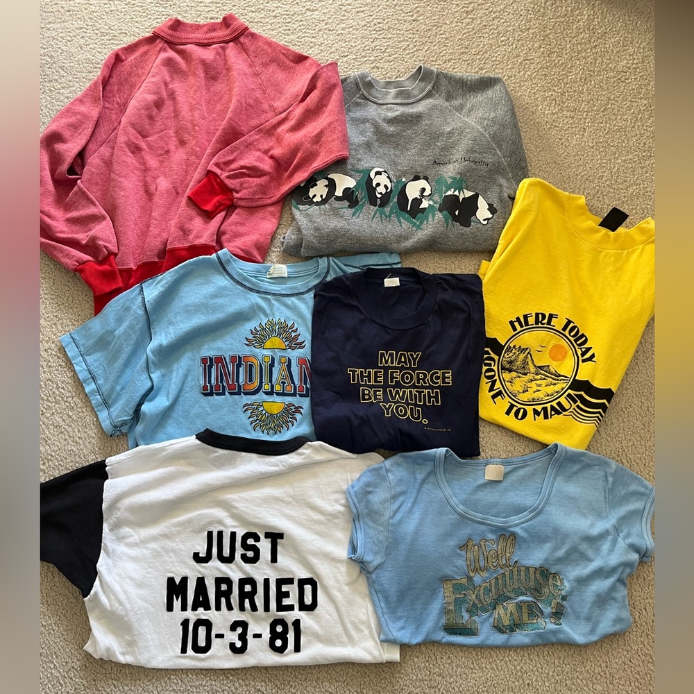 Lot of 7 70s 80s graphic novelty tees / raglan sweatshirts | reseller bundle